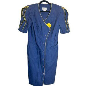 Vintage 80s Blue Dress Shoulder Pads Sz 11 Button Down Costume Pockets Midi